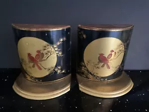 Vintage Asian Themed wood/brass Gramme full moon red birds heavy bookends - Picture 1 of 4
