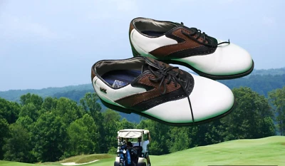 Zapatos de golf Cutter & Buck de cuero blanco marrón negro EE. UU. 8 Foto 1 de 4