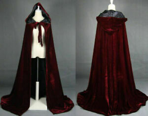 2021 Wine Black Velvet Hooded Cloak Long Wedding Cape Halloween Plus Size S-XXL