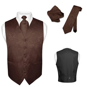Men's Dress VEST NeckTie for Suit Tuxedo BROWN Color PAISLEY Design Tie Hanky L - Picture 1 of 3