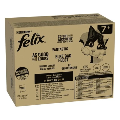 FELIX Senior Katzenfutter nass in Gelee, Rind, Lachs, Huhn, Thunfisch 120 x 85g - Bild 1 von 4