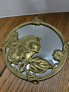 Vintage Art Deco Style Mirror 10" Round Tone Brass Maiden Floral French Nouveau - Picture 1 of 11