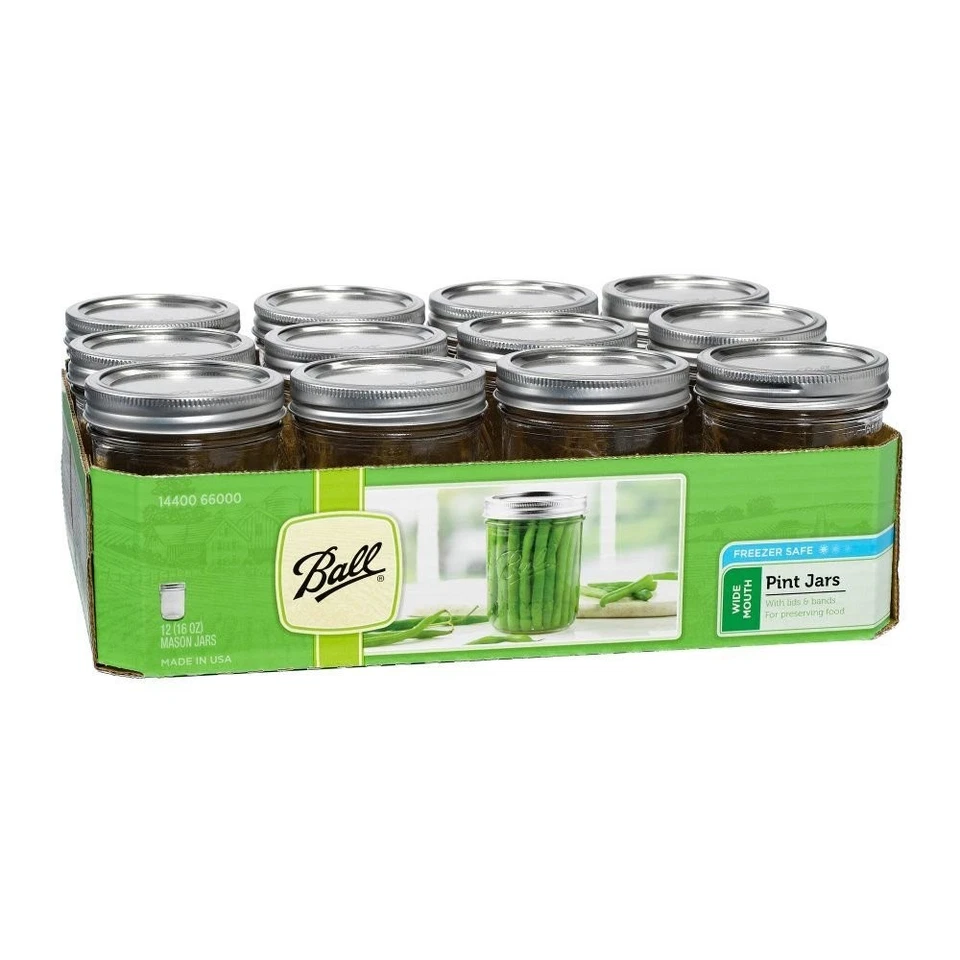 BALL Wide Mouth Glass Mason Jars Lids Canning Pint Jar 16 Oz With Lid 12 Count