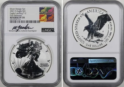 2021 S REVERSE PROOF Silver Eagle Set NGC PF70 GAUDIOSO Signed PR - Imagem 1 de 3
