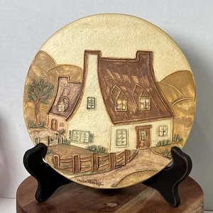 Beautiful Handmade Art Pottery House Mountain Wall Hanging Tableau Plaque Signed - Picture 1 of 8