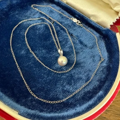 Винтажный 14K белое золото культивированный жемчуг подвеска 14K белое золото цепочка - Изображение 1 из 4