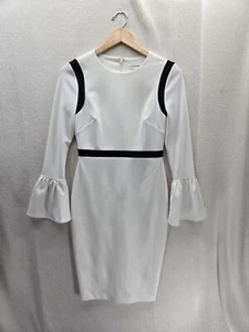 Calvin Klein Etuikleid weiß mit schwarzen Akzenten Reißverschluss hinten Langarm Gr-2 - Bild 1 von 11