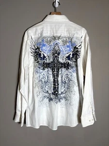 Vintage Y2K Eighty Eight weißes Hemd Gothic Affliction Style Print Knopfleiste Gr. XXL - Bild 1 von 7