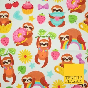Playful Summer Cheeky Sloth Tea Party Rainbow Printed 100% Cotton Fabric 7341 - Picture 1 of 5