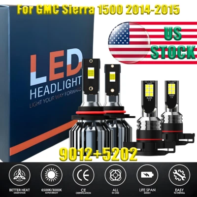 For GMC Sierra 1500 2014-2015 Combo 9012 LED Headlight 5202 Fog Bulbs 6000K - Image 1 of 4
