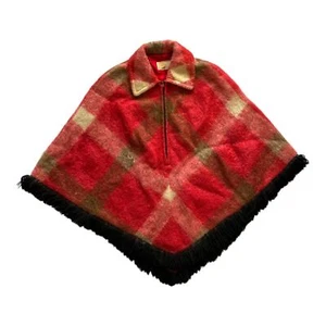 1960s Hudson's Bay Vintage plaid wool cape poncho with fringe hem & zip front - Picture 1 of 6