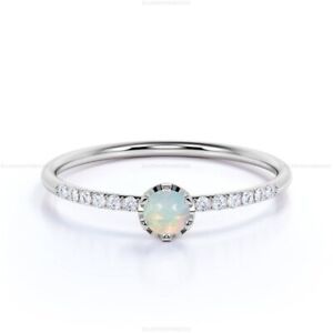 Gift For Her 14k White Gold Natural Opalite Diamond Woman Gift Band Wedding Ring