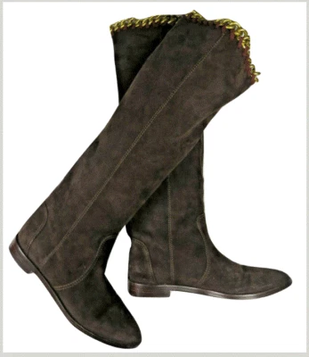 Sergio Rossi Womens Tall Boots Shoes 37/6 Brown Suede Gold Chain Made in Italy . - Image 1 of 4