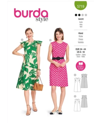 BURDA 5719 MISSES' DRESSES Sewing Pattern Sizes 8-18 2 Styles Skill: EASY - Image 1 of 4