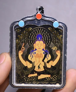 7CM Old Tibet Silver iron Gem 4 arms Chenrezig Buddha Avalokiteshvara Amulet  - Picture 1 of 4
