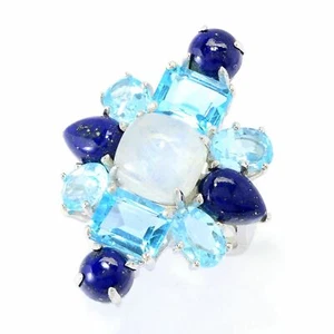 Meher's Jewelry SS Rainbow Moonstone, Lapis & Blue Topaz Band Ring Size 9 & 10 - Picture 1 of 5