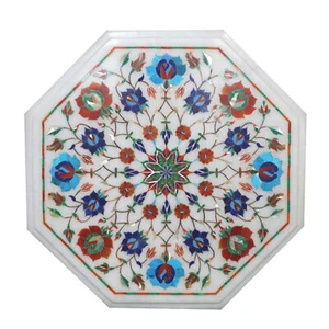 Mesa de centro de mármol blanco 1'x1' incrustación turquesa marquetería decoración de jardín... - Imagen 1 de 4