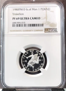 1980 ISLE OF MAN SILVER 1 POUND TRISKELION NGC PF 69 ULTRA CAMEO RARE TOP POP 1 - Picture 1 of 5