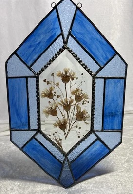 "Suncatcher de vidrio biselado con plomo 14"" x 8,5"" azul cobalto seco floral de colección" Foto 1 de 4