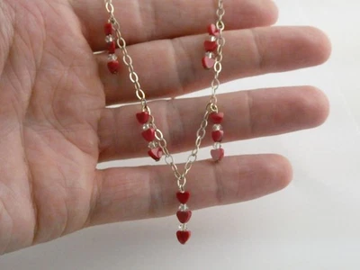 Pulsera tobillera de plata de ley con cuentas de jaspe rojo corazones 10 pulgadas de largo 4,7 g 925 Foto 1 de 4