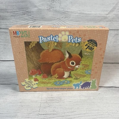 Pastel Pets 25 Pc Puzzle Squirell Mushrooms 1997 MB 8 1/4" x 10 1/2" New Sealed - Image 1 of 3