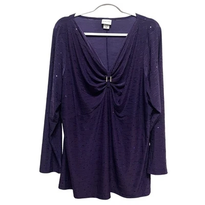 Jaclyn Smith 2X Purple Sequin Long Sleeve VNeck Blouse Work Office Casual Boho - Image 1 of 4