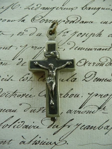 Ancienne CROIX RELIQUAIRE de SAINT DOMINIQUE du XIXe S, Métal argenté et ébène - Foto 1 di 5