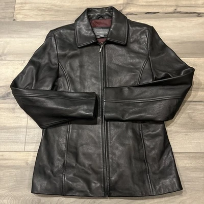 Chaqueta de cuero suave para mujer Liz Claiborne negra pequeña forrada Y2K elegante ajuste moderno” Foto 1 de 4