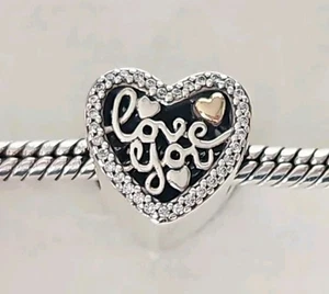Genuine Pandora Bracelet Charm - Silver & 14k Gold Love You Script Heart S925 - Picture 1 of 6