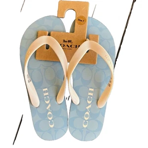 Coach Blue White Signature Logo Zak Rubber Slip On Thong Flip Flop Sandals NWT 7 - Picture 1 of 8