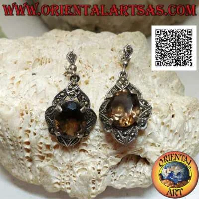 Orecchini Argento 925‰ topazio fumé ovale su montatura tempestata di marcassite - Immagine 1 di 4