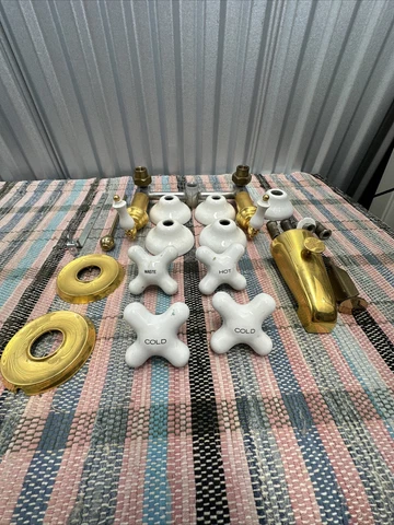 Vintage Porcelain Brass Faucet Knobs Spout Cold Hot Waste Hardware Restoration Cover