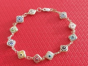 Gorgeous Vintage Sterling Silver 925 Multicolor Evil Eye Charm Chain Bracelet - Picture 1 of 7