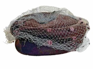 Vintage MCM Wmns Pillbox Hat Union Made USA Brown Velvet Bow Mod Netting Flaws - Picture 1 of 10