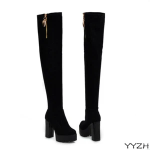 Women Sexy Over Knee High Platform Round Toe Faux Suede Metal Chain Boots SZ - Picture 1 of 14