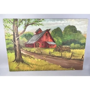 Vintage Mid Century Farmhouse Red Barn Dirt Road Landscape Painting, Signed Cho - Picture 1 of 7