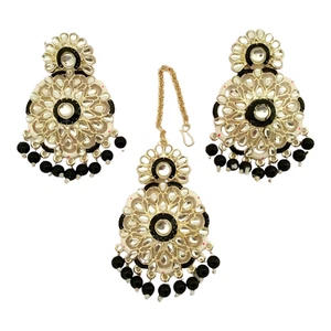 BLACK KUNDAN GOLD PEARL MAANG TIKKA EARRING SET BOLLYWOOD INDIAN BRIDAL JEWELRY - Picture 1 of 10