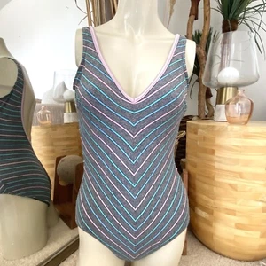 Vintage 1980s Striped one piece swimsuit, low back Gray, Pink, Blue Jantzen - Picture 1 of 6