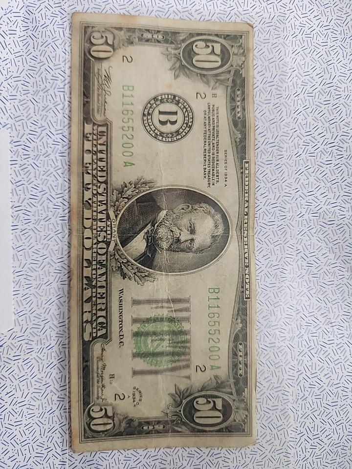 1934 $50 Dollar Bill Federal Reserve Note B11655200 A - Image 1 of 4
