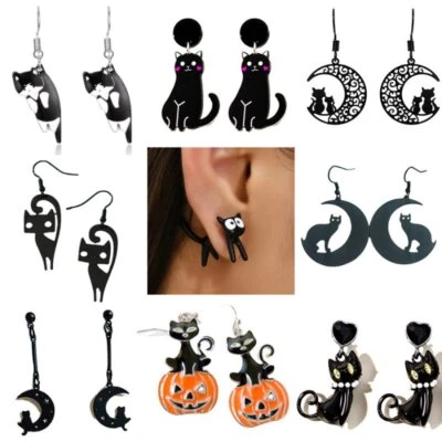 Fashion Black Cat Animal Drop Dangle Earrings Stud Women Halloween Party Jewelry - Image 1 of 4