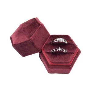 Velvet Ring Box Brick Red Hexagon Ring Box Double Slot Wedding Ring Bearer - Picture 1 of 8