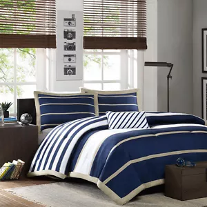 Nuovo set piumone design chic blu navy bianco righe kaki Cal King Queen Twin TXL - Foto 1 di 6