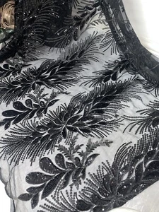 1 mtr tessuto nero ricamato, paillettes, sposa smerlato, tulle, rete - Foto 1 di 7