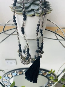 SMOKEY QUARTZ MALA LONG TASSEL NECKLACE SILVER GURU BEADS OM AUM YOGA JEWELLERY  - Picture 1 of 13