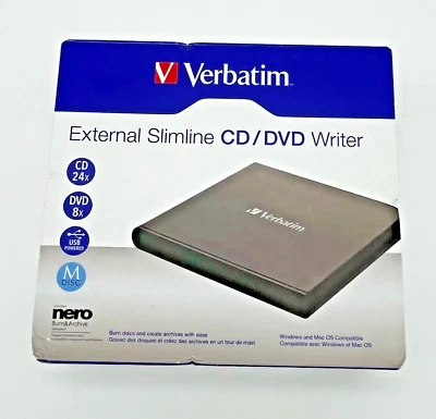 Verbatim 98938 External Slimline CD/DVD Writer USB 2.0 Black New Open Box - Image 1 of 4