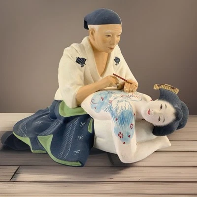 50s Hakata Urasaki Doll Tattoo Man Artist Geisha Blue Dragon Clay Doll Japan - Image 1 of 4