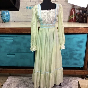 Vintage Handmade Mint Green Puffy Sleeve Maxi Cottagecore Prairie Dress, S - Picture 1 of 14