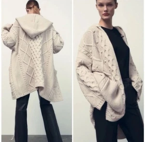 Zara 3D Cable Knit Hooded Long Cardigan Cream Rare FIsherman Chunky Size L/XL - Picture 1 of 15