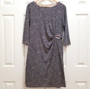 Women's Coldwater Creek Navy Blue Circles & Beige Sheath Pencil Stretch Dress 12 - Picture 1 of 5