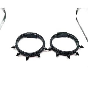 Gothic Black Spiked Real Leather Bracelets Set of 2 Unisex -New - Picture 1 of 9